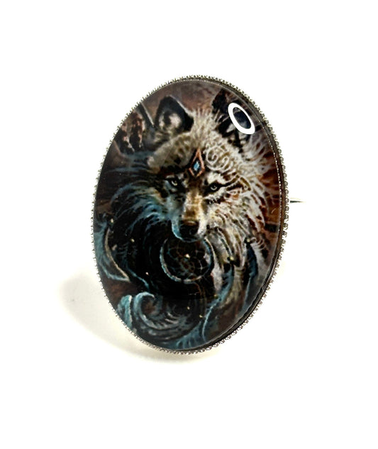 Gothic Style Wolf Ring, Silver Plated, Unisex Jewelry, Picture Jewellery, Oval Chunky Statement Ring, Gift for Him Her
