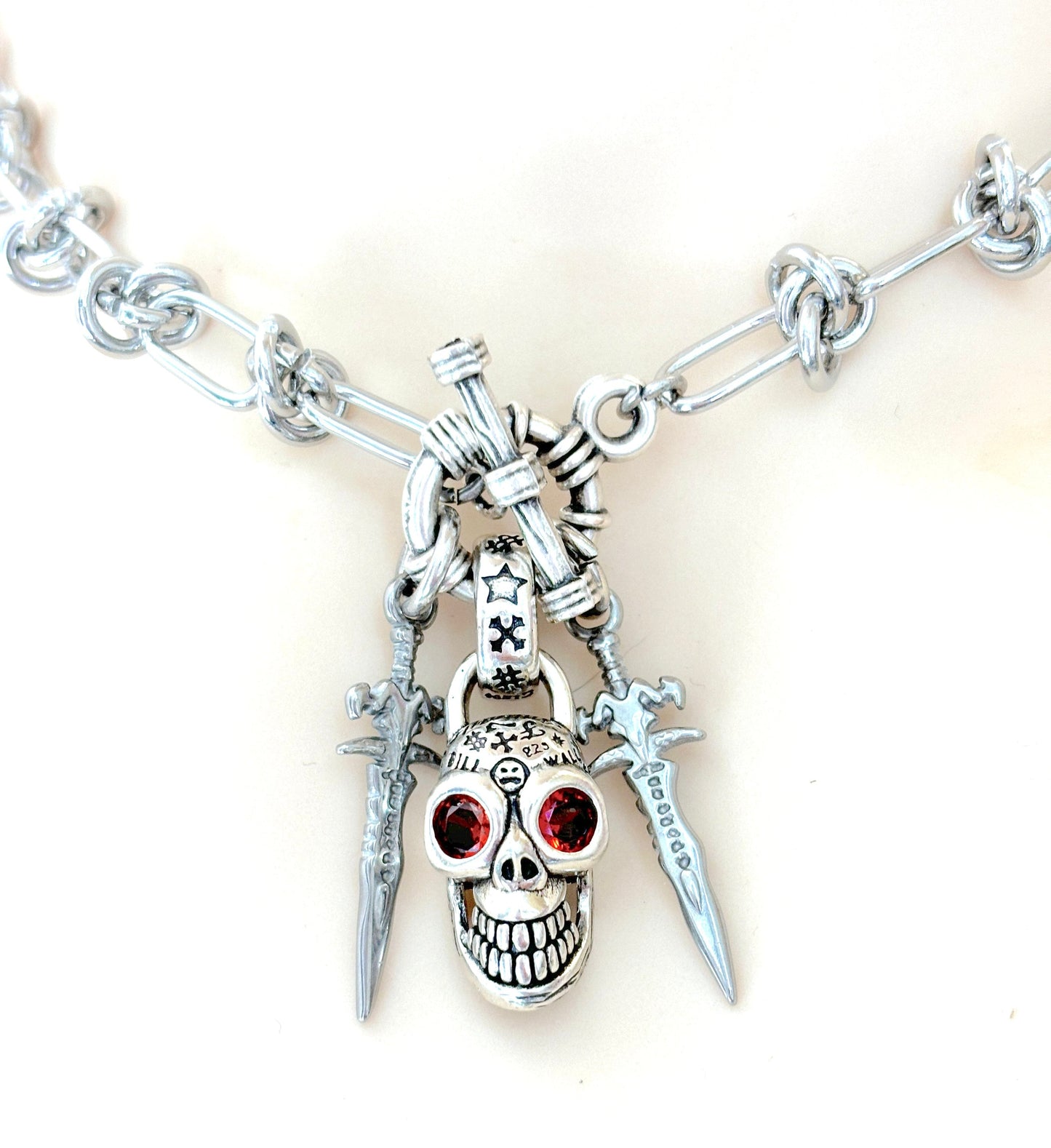 Statement Link Necklace, Silver Skull Medallion, Chunky Knot Chain Jewellery, Stainless Steel Gothic Choker, Unisex Neckace