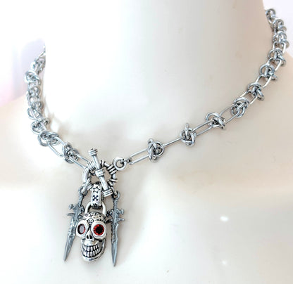 Statement Link Necklace, Silver Skull Medallion, Chunky Knot Chain Jewellery, Stainless Steel Gothic Choker, Unisex Neckace