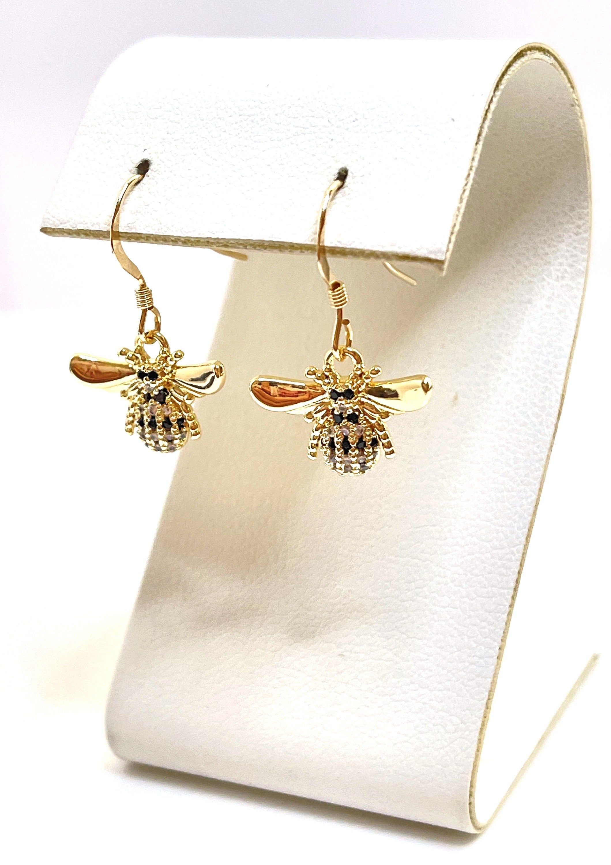 Gold Plated Bumble Bee Earrings | Black CZ Crystal Dangles