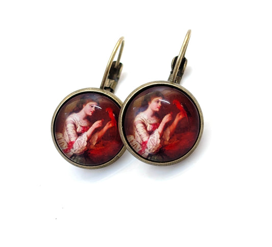 Red Vintage Lady Portrait Earrings, Antique Brass, Vintage Style Drops, Cameo Jewellery, Gift for Her, Earrings for Women