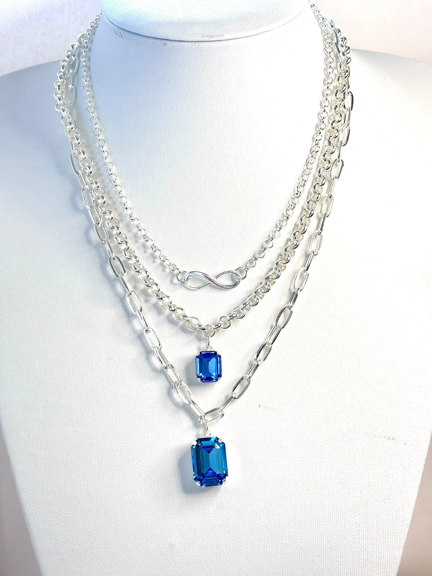 Layered Chain Necklace Set | Crystal Aquamarine Light Sapphire | Silver Plated Bras | Infinity Charm