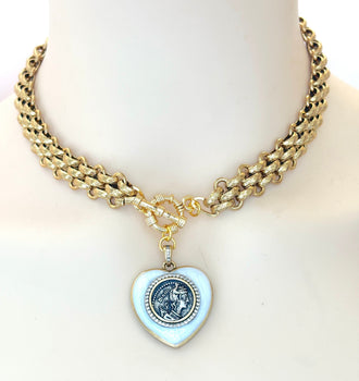 Chunky Gold Heart Coin Necklace | Stainless Steel Choker | Statement Medallion | Chain Jewellery | Greek Style Coin Choker