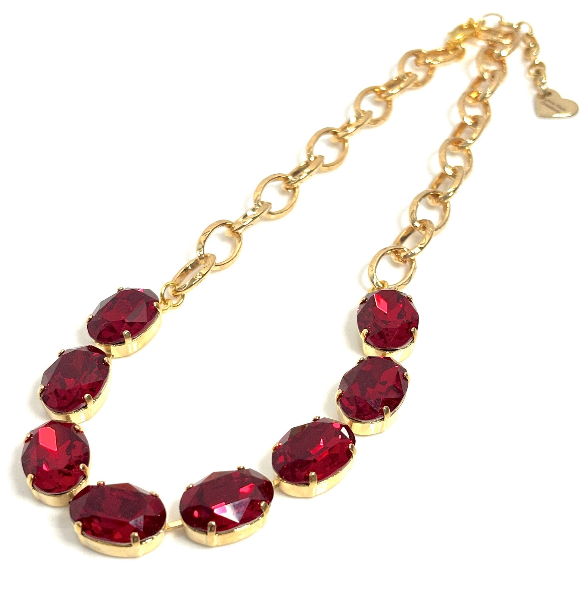 Chunky Red Siam Crystal Chain Necklace, Gold Plated Brass Choker, Statement Jewellery, Red Gold Choker, Necklaces for Women