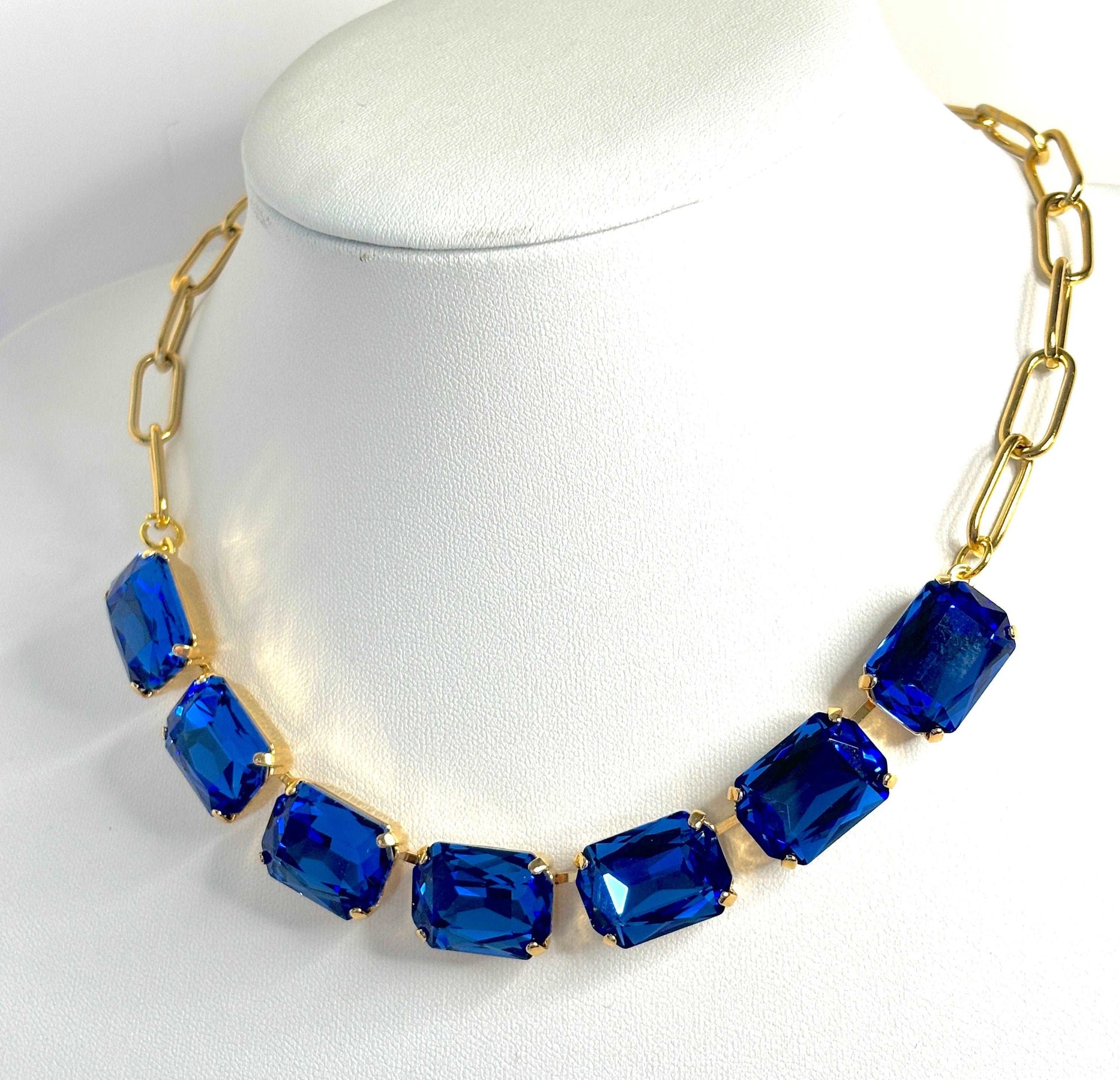 Blue Sapphire Crystal Chain Necklace, Gold Plated Stainless Steel Choker, Statement Jewellery, Blue Gold Choker, Necklaces for Women