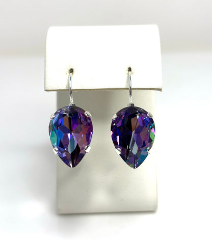 Tanzanite Rainbow Crystal Earrings, Pink Teardrop Dangles, Statement Earrings, Silver Plated, Georgian Collet, Earrings for Women