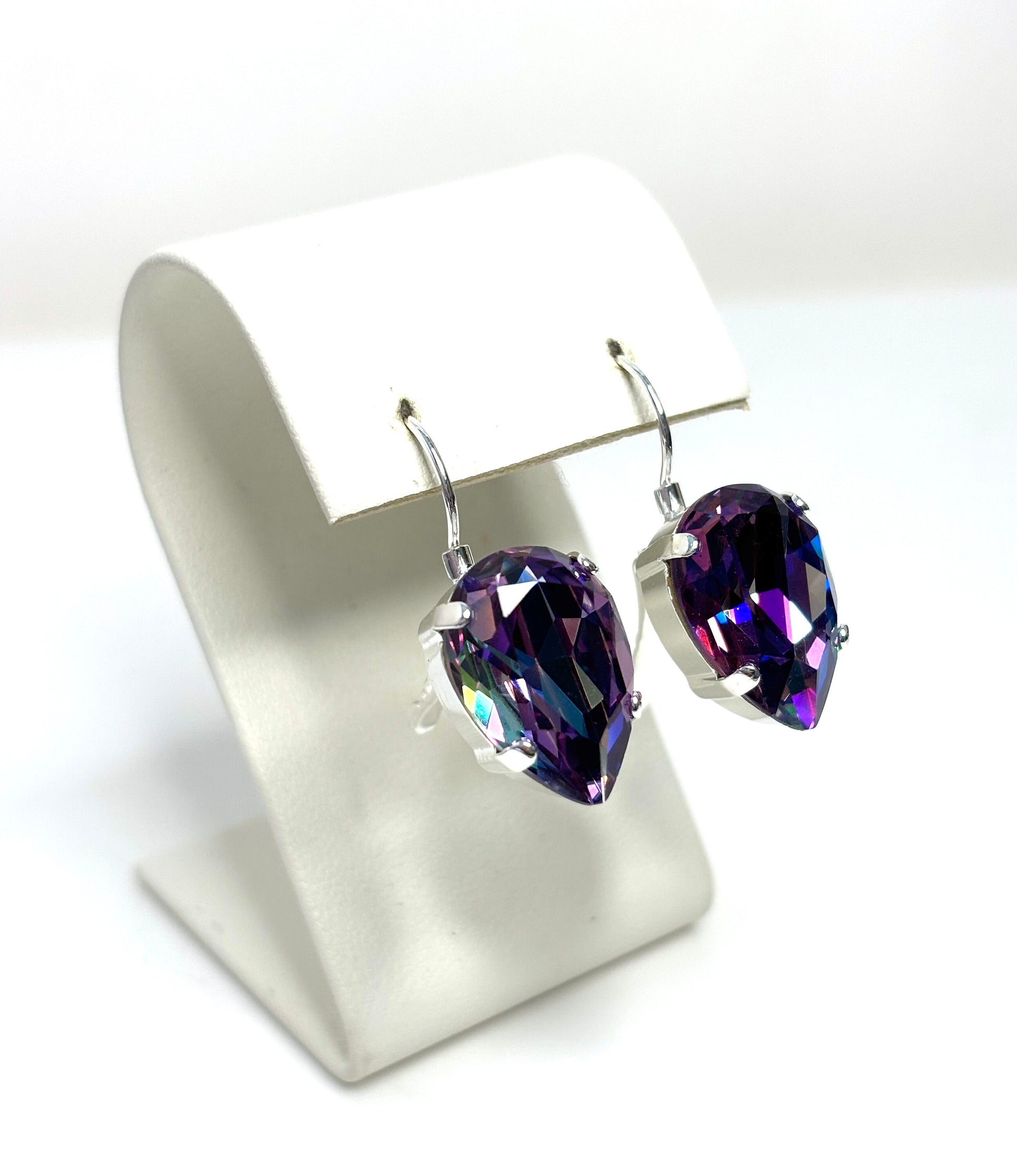 Tanzanite Rainbow Crystal Earrings, Pink Teardrop Dangles, Statement Earrings, Silver Plated, Georgian Collet, Earrings for Women