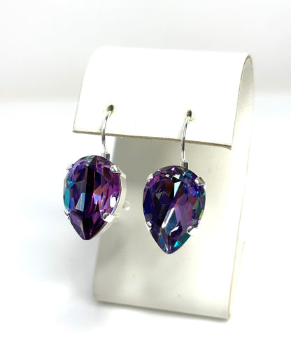 Tanzanite Rainbow Crystal Earrings, Pink Teardrop Dangles, Statement Earrings, Silver Plated, Georgian Collet, Earrings for Women