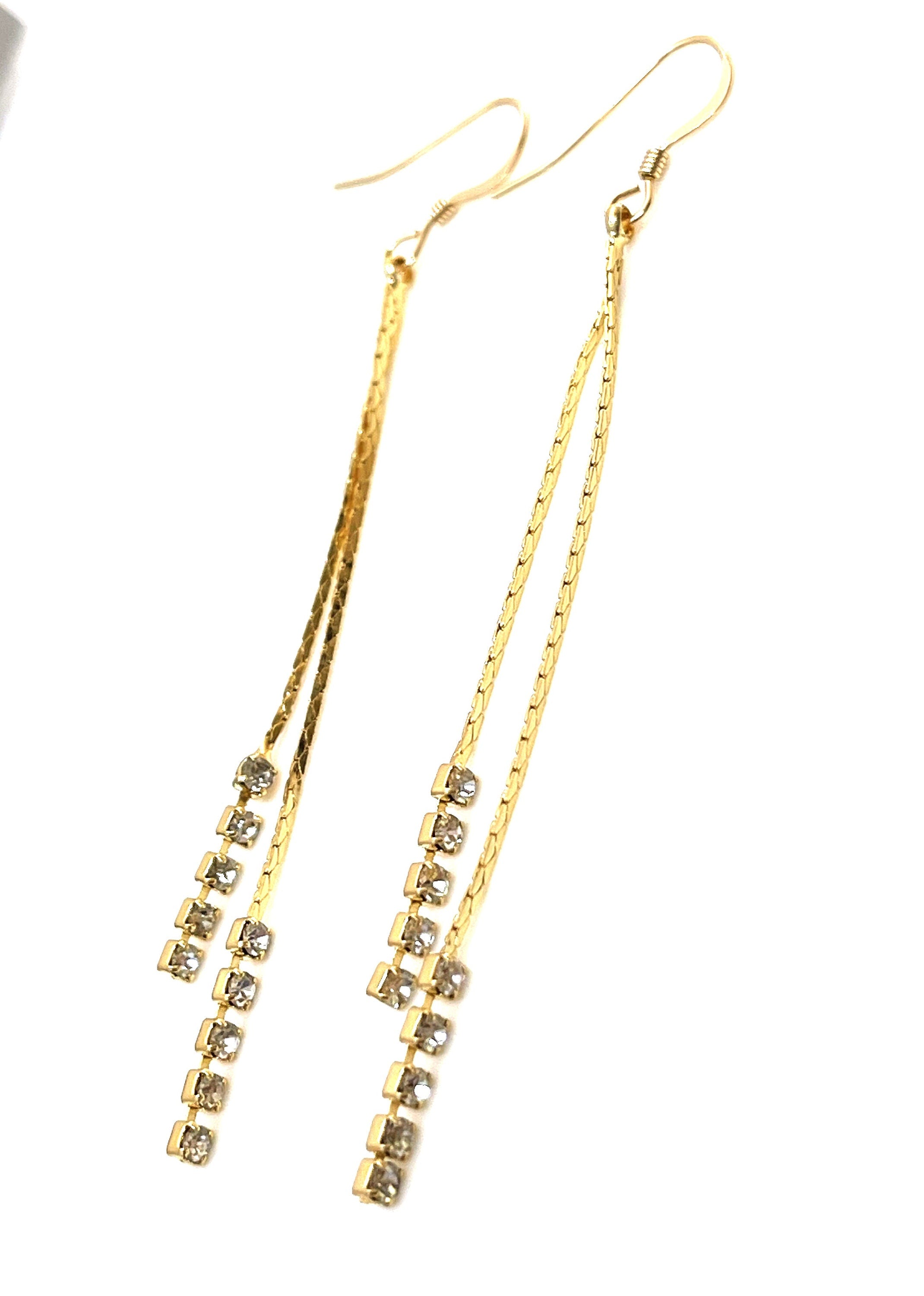 Long CZ Tassel Earrings, 61mm Long Chain Drops, Gold Tassels