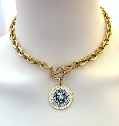 Lion Coin Chain Necklace, Stainless Steel Choker, Large Link Necklace, Heart Toggle Statement Choker, Gold Medallion, Necklaces for Women