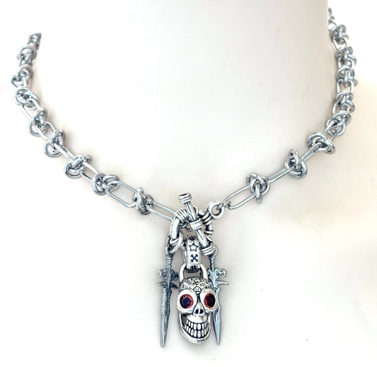 Statement Link Necklace, Silver Skull Medallion, Chunky Knot Chain Jewellery, Stainless Steel Gothic Choker, Unisex Neckace