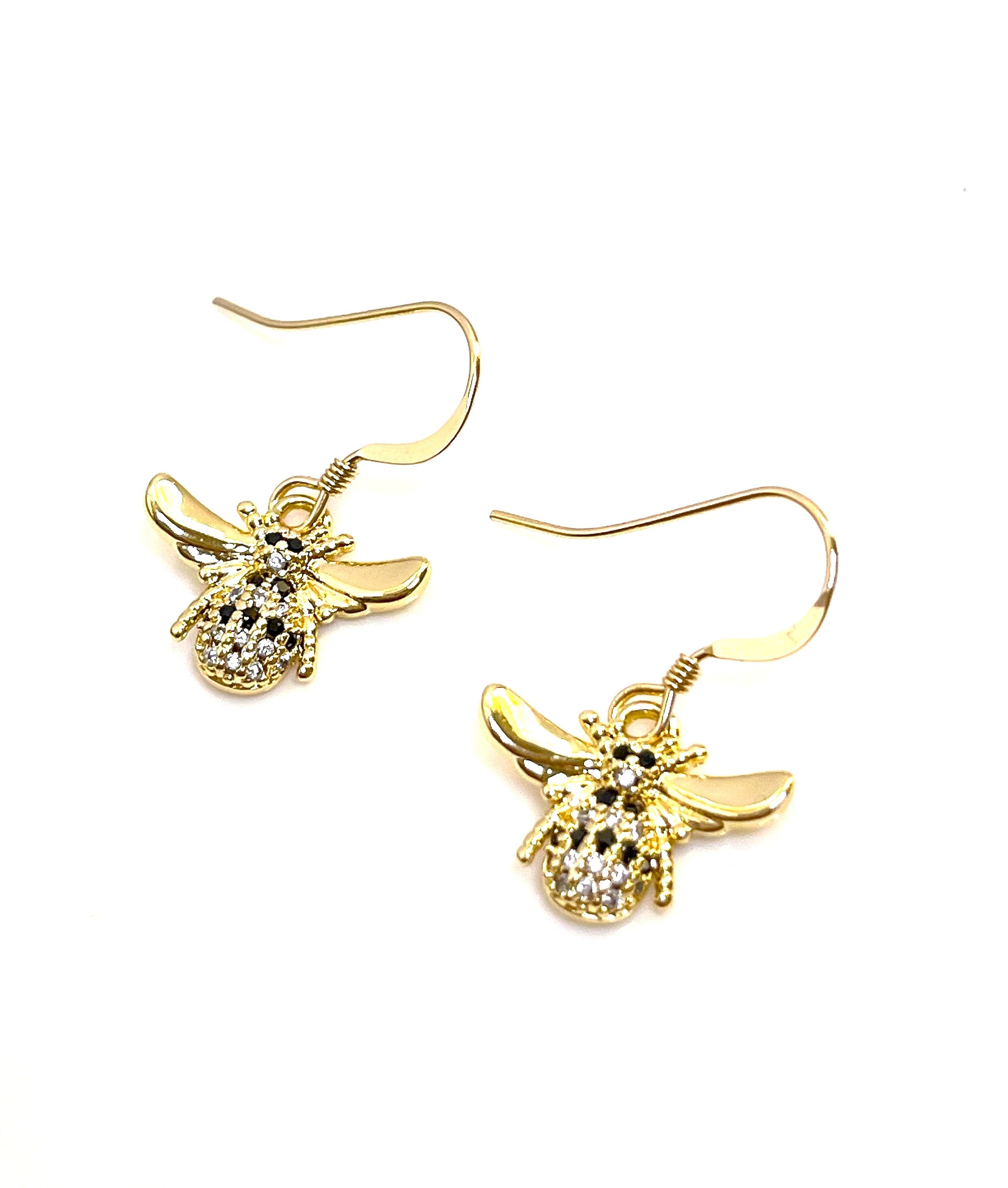 Gold Plated Bumble Bee Earrings | Black CZ Crystal Dangles