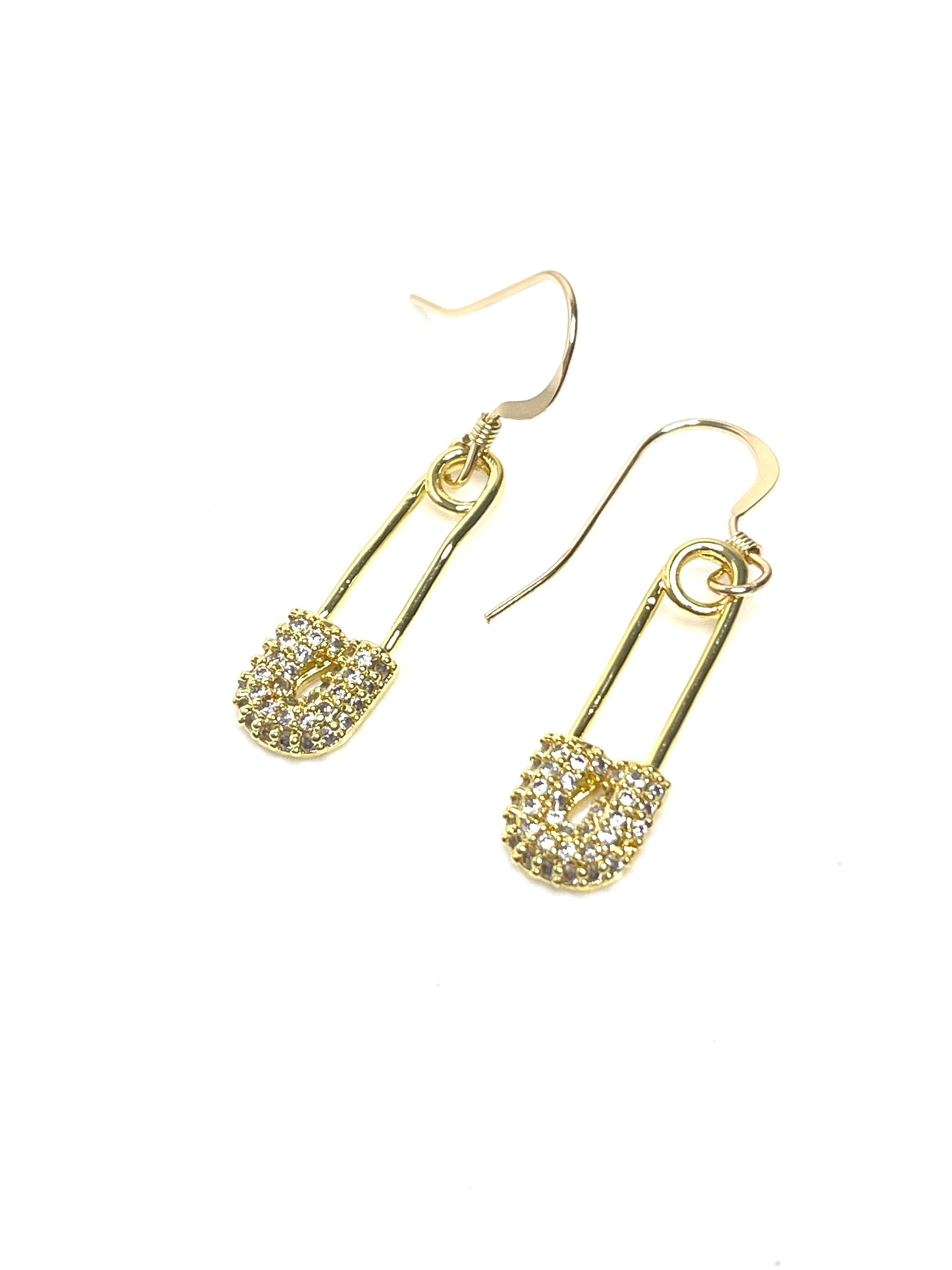 Gold Plated CZ Crystal Safety Pin Earrings