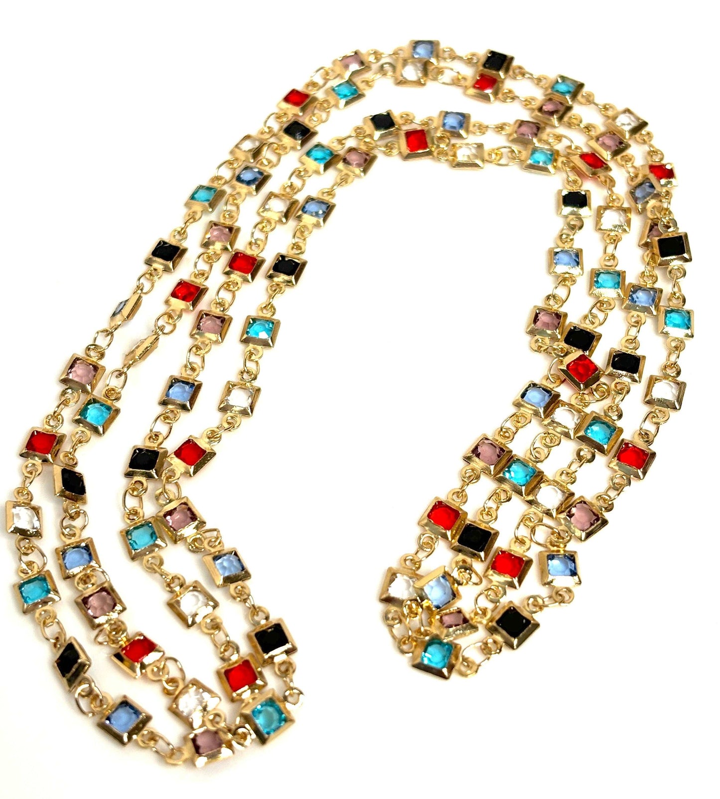 Extra Long Rainbow Crystal Chain Necklace, Gold Tone, No Clasp, 40 Inches, Statement Chain Jewellery, Necklaces for Women