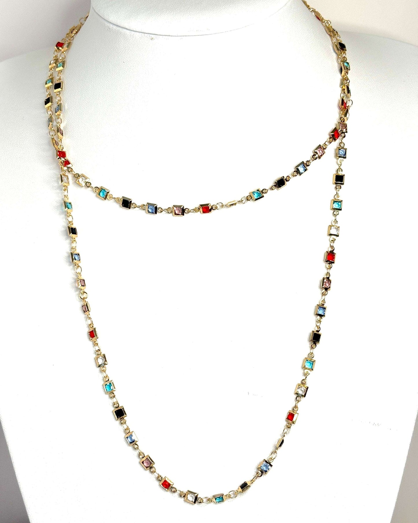 Extra Long Rainbow Crystal Chain Necklace, Gold Tone, No Clasp, 40 Inches, Statement Chain Jewellery, Necklaces for Women