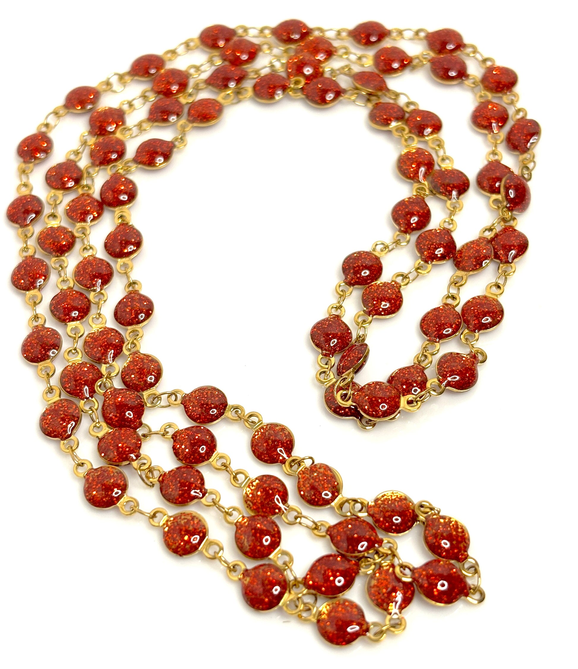 Long Red Glittery Bead Chain Necklace, Gold Tone, No Clasp, 40 Inches, Statement Chain Jewellery, Necklaces for Women