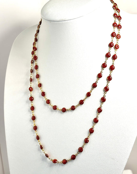 Long Red Glittery Bead Chain Necklace, Gold Tone, No Clasp, 40 Inches, Statement Chain Jewellery, Necklaces for Women