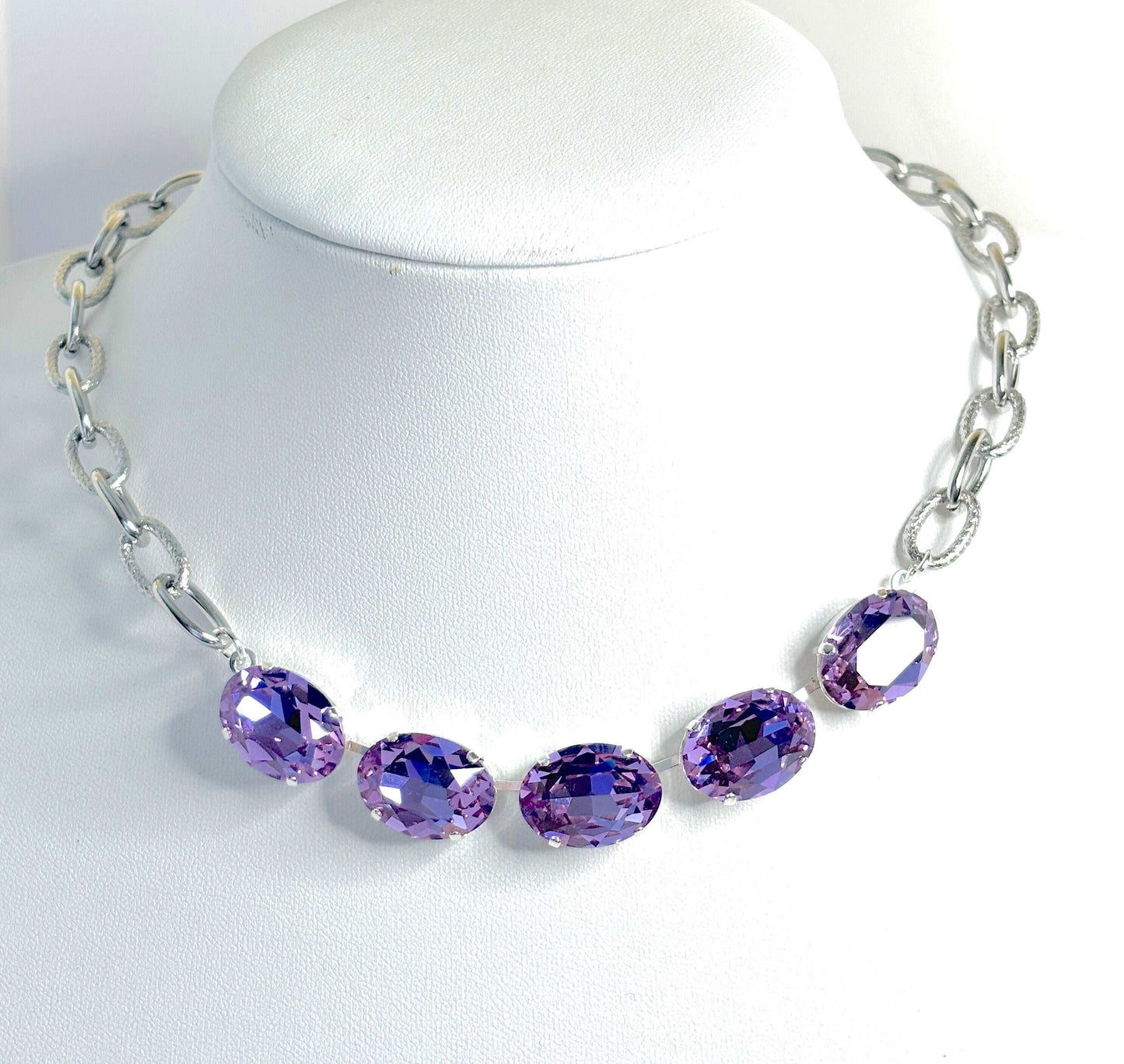 Chunky Violet Crystal Chain Necklace, Silver Stainless Steel Choker, Statement Jewellery, Purple Silver Choker, Necklaces for Women