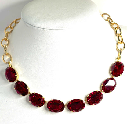 Chunky Red Siam Crystal Chain Necklace, Gold Plated Brass Choker, Statement Jewellery, Red Gold Choker, Necklaces for Women