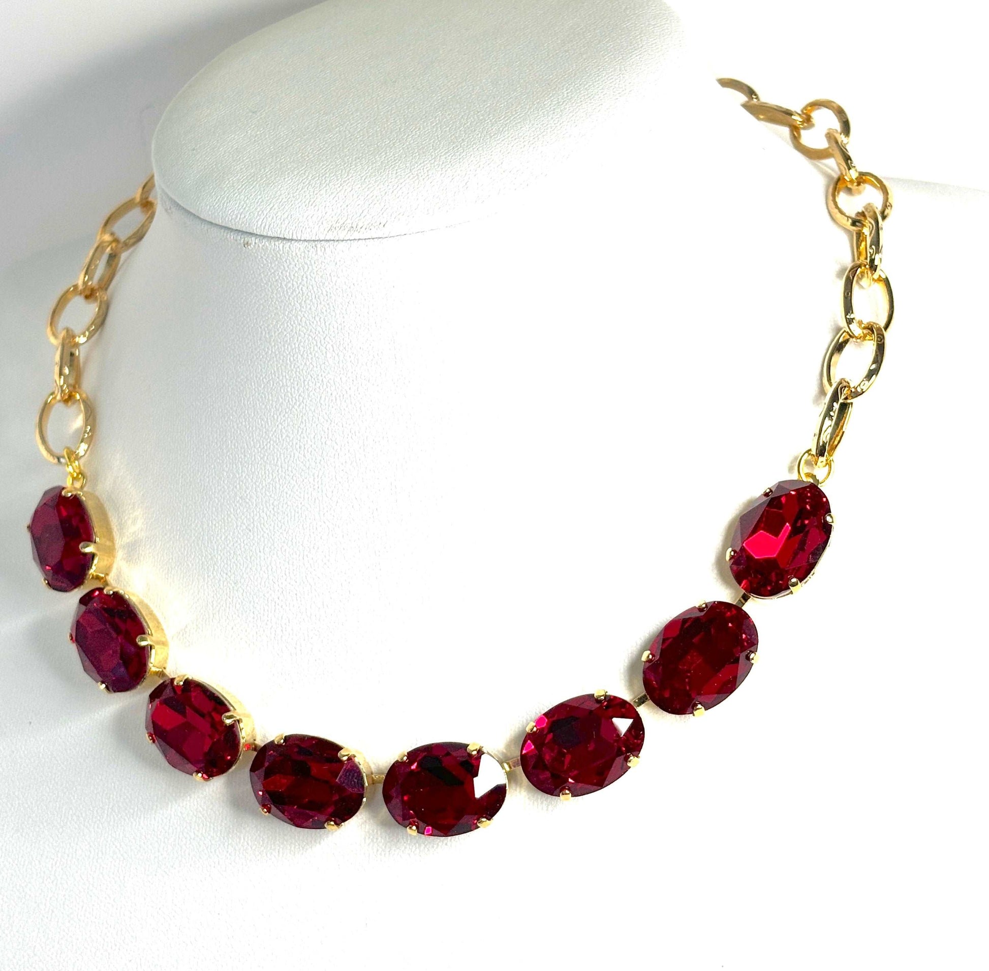 Chunky Red Siam Crystal Chain Necklace, Gold Plated Brass Choker, Statement Jewellery, Red Gold Choker, Necklaces for Women