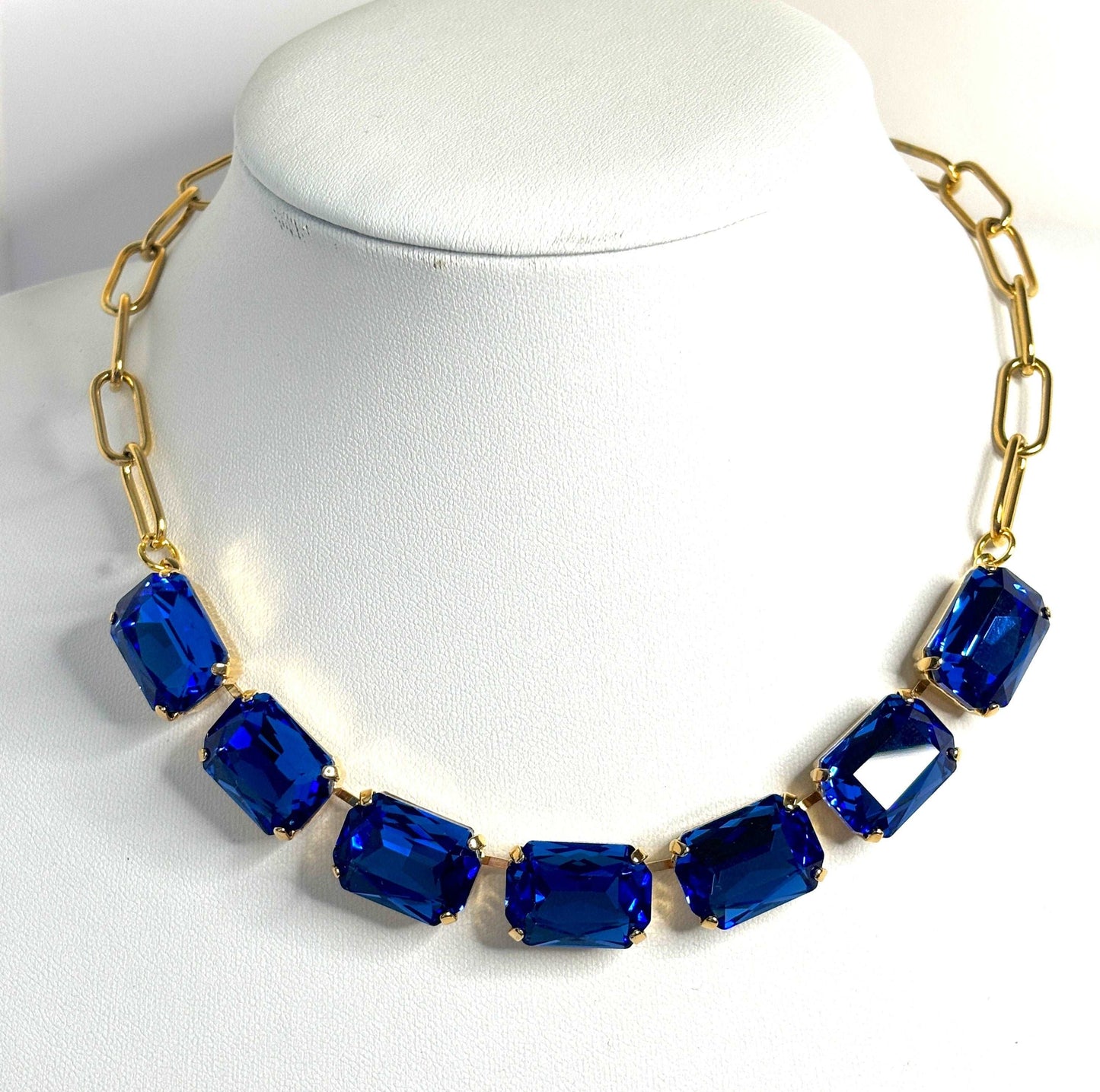 Blue Sapphire Crystal Chain Necklace, Gold Plated Stainless Steel Choker, Statement Jewellery, Blue Gold Choker, Necklaces for Women