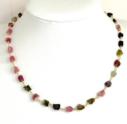 Raw Natural Tourmaline Stone Chain Necklace - Gold Plated, Colorful October Birthstone Jewelry, Necklaces for Women