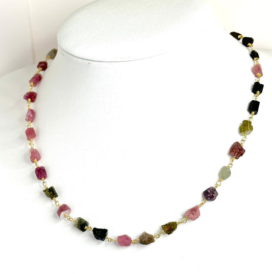 Raw Natural Tourmaline Stone Chain Necklace - Gold Plated, Colorful October Birthstone Jewelry, Necklaces for Women