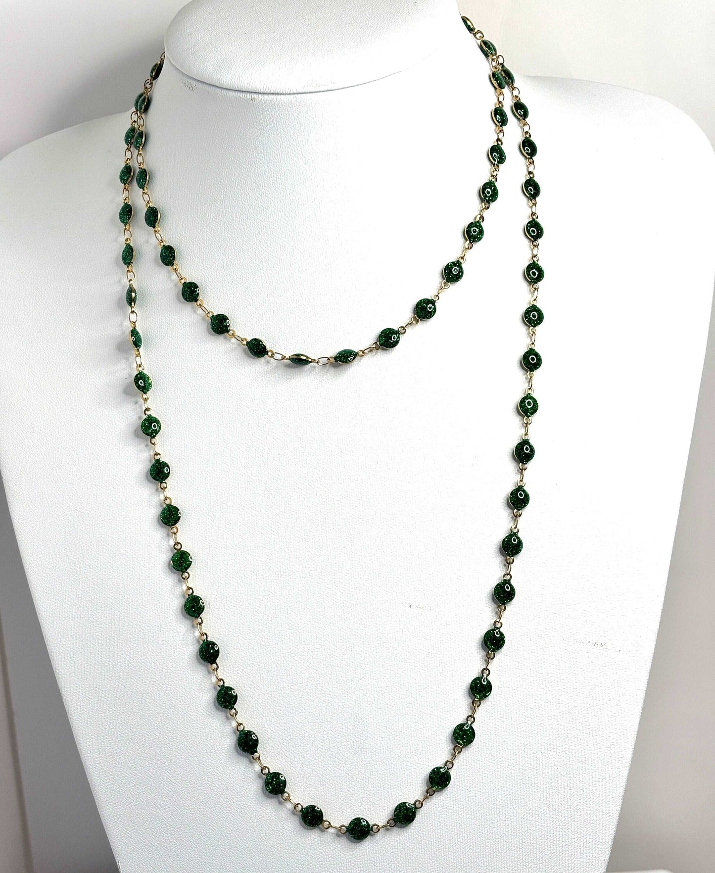 Extra Long Emerald Colour Glittery Bead Chain Necklace, Gold Tone, No Clasp, 40 Inches, Statement Chain Jewellery, Necklaces for Women