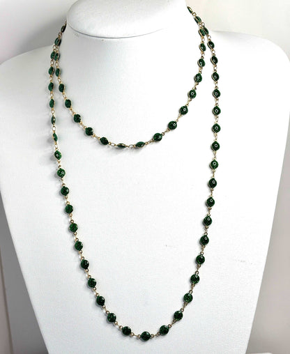 Extra Long Emerald Colour Glittery Bead Chain Necklace, Gold Tone, No Clasp, 40 Inches, Statement Chain Jewellery, Necklaces for Women