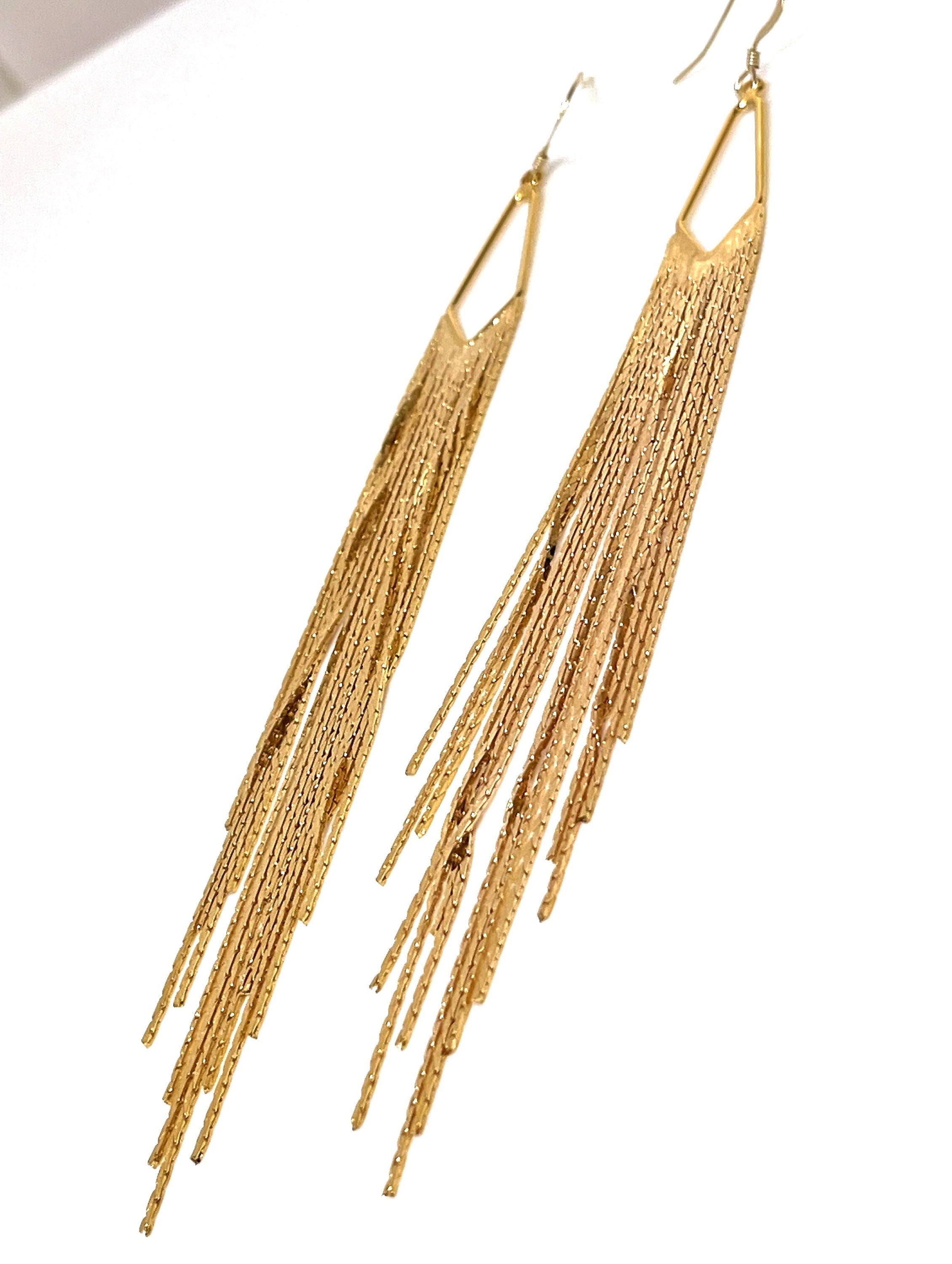 Extra Long Multi Chain Earrings, 125mm Long Chain Drops, Gold Tassels
