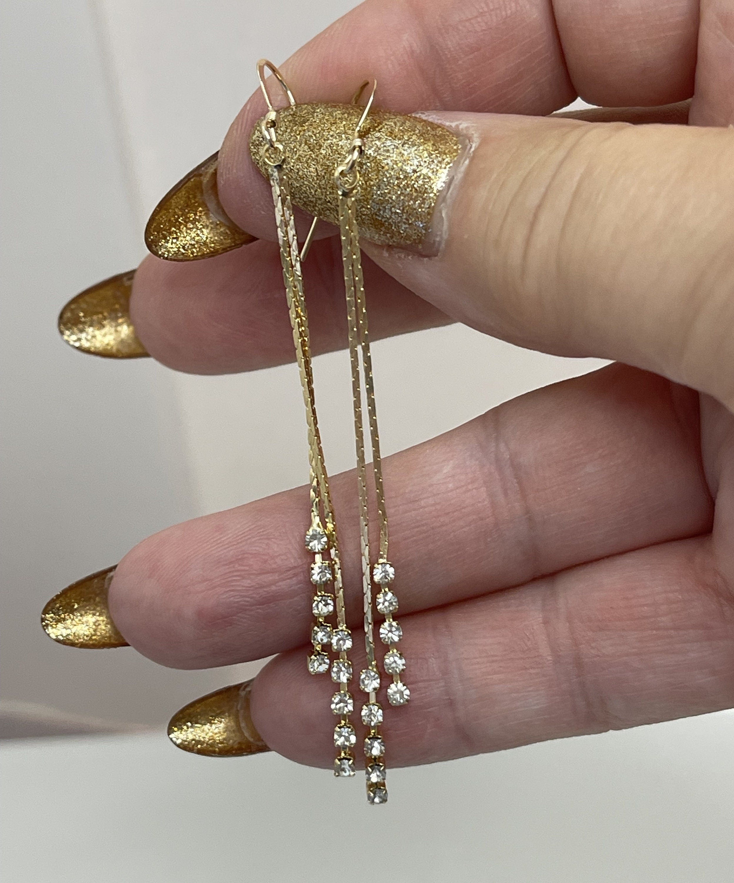 Long CZ Tassel Earrings, 61mm Long Chain Drops, Gold Tassels