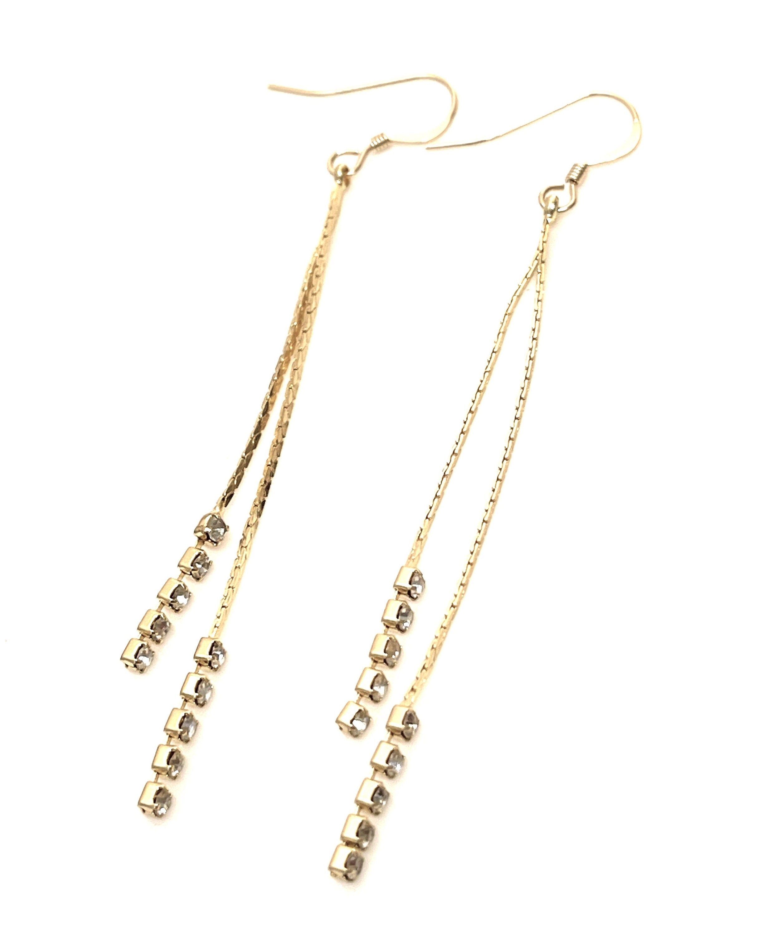 Long CZ Tassel Earrings, 61mm Long Chain Drops, Gold Tassels