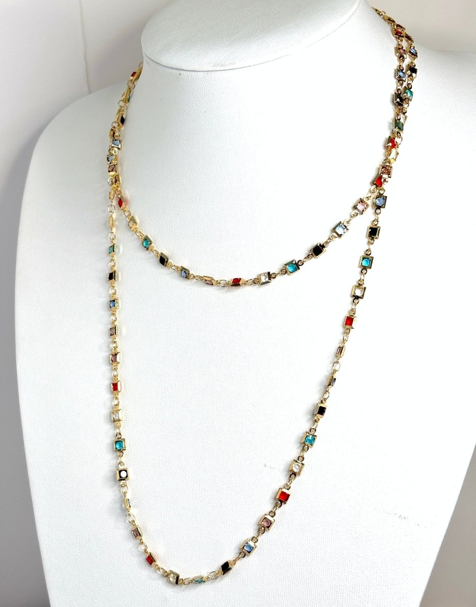 Extra Long Rainbow Crystal Chain Necklace & Earrings | Gold Tone | Tree of Life