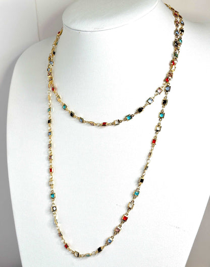 Extra Long Rainbow Crystal Chain Necklace, Gold Tone, No Clasp, 40 Inches, Statement Chain Jewellery, Necklaces for Women