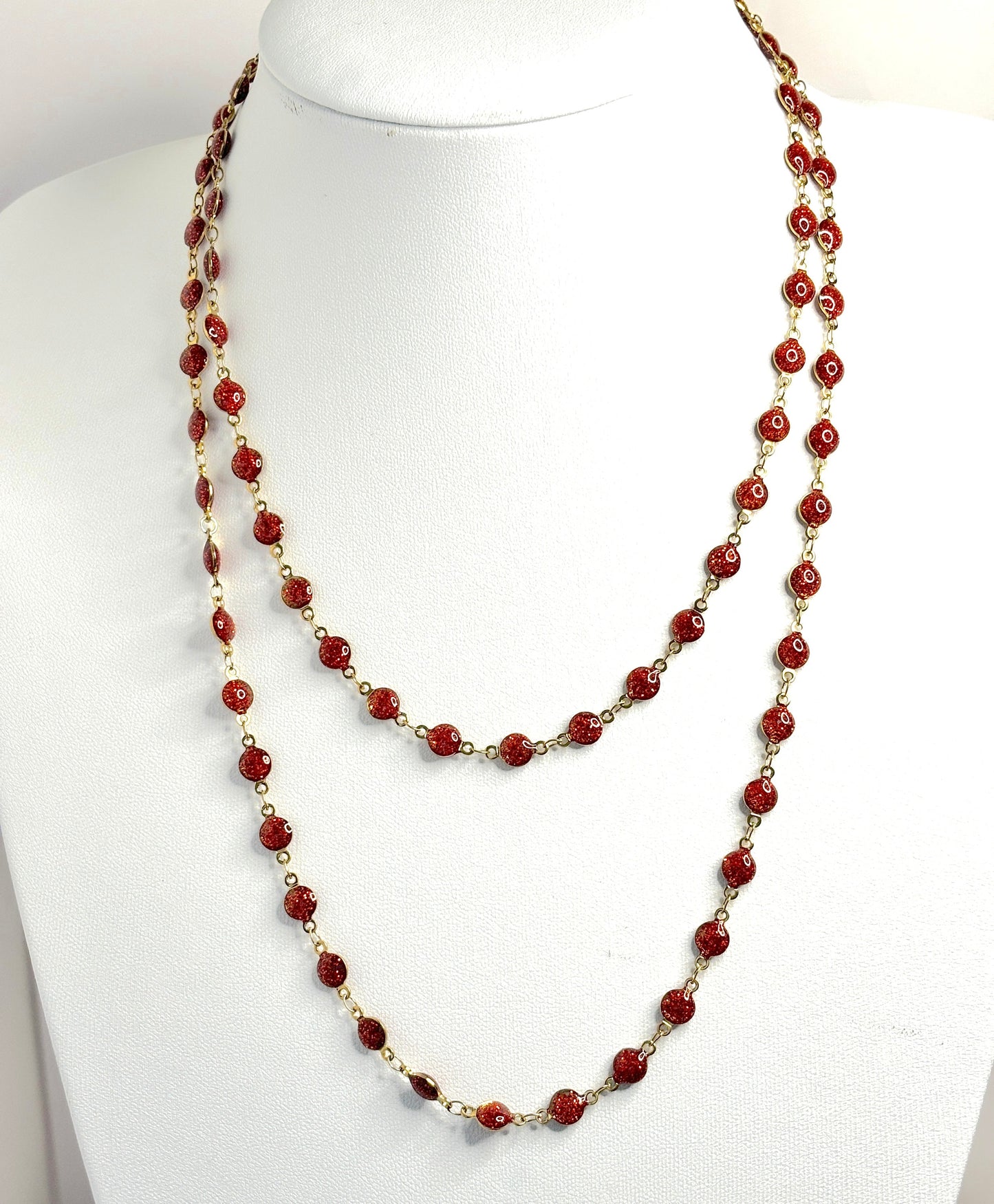 Long Red Glittery Bead Chain Necklace, Gold Tone, No Clasp, 40 Inches, Statement Chain Jewellery, Necklaces for Women