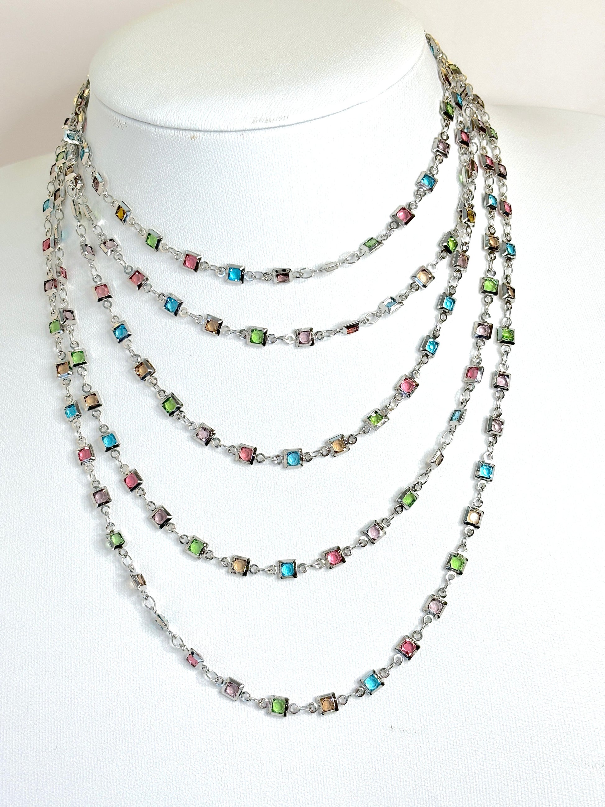 Extra Long Multicolour Crystal Chain Necklace | Silver Tone | No Clasp 