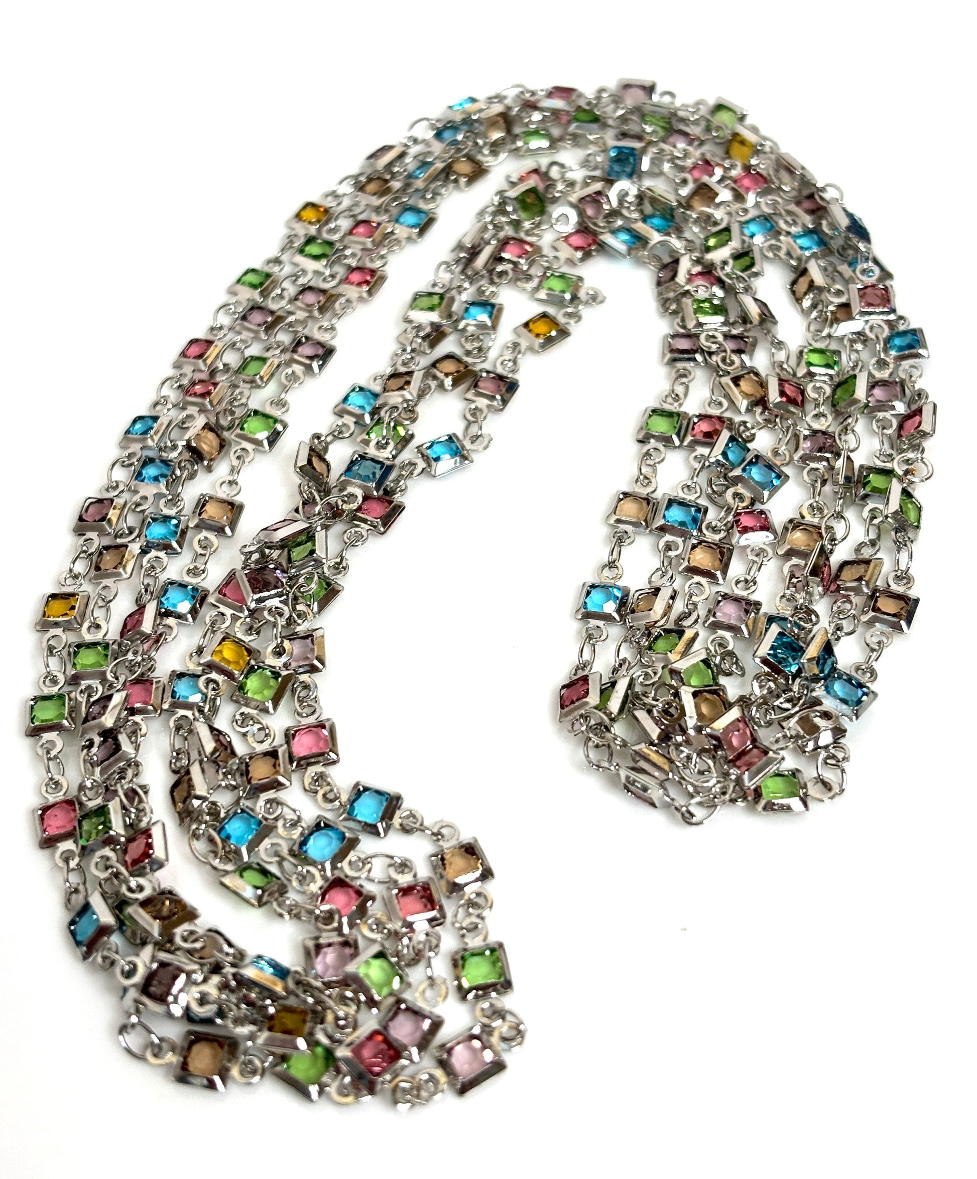 Extra Long Multicolour Crystal Chain Necklace | Silver Tone | No Clasp 