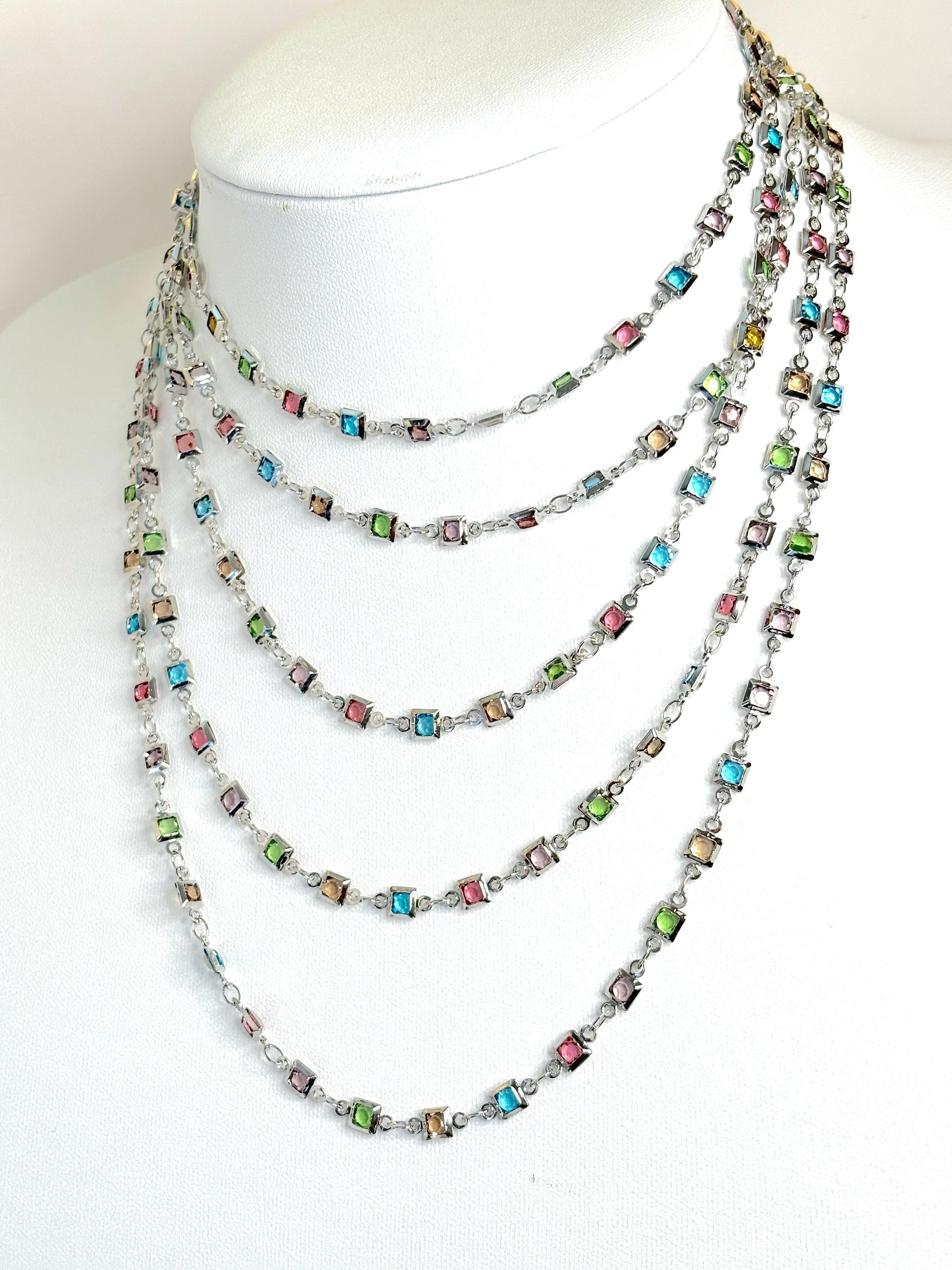 Extra Long Multicolour Crystal Chain Necklace | Silver Tone | No Clasp 