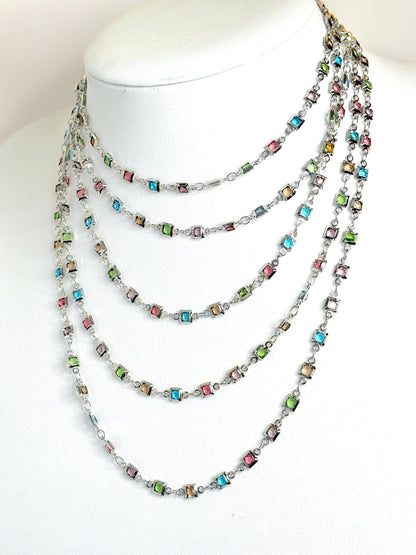 Extra Long Multicolour Crystal Chain Necklace | Silver Tone | No Clasp 