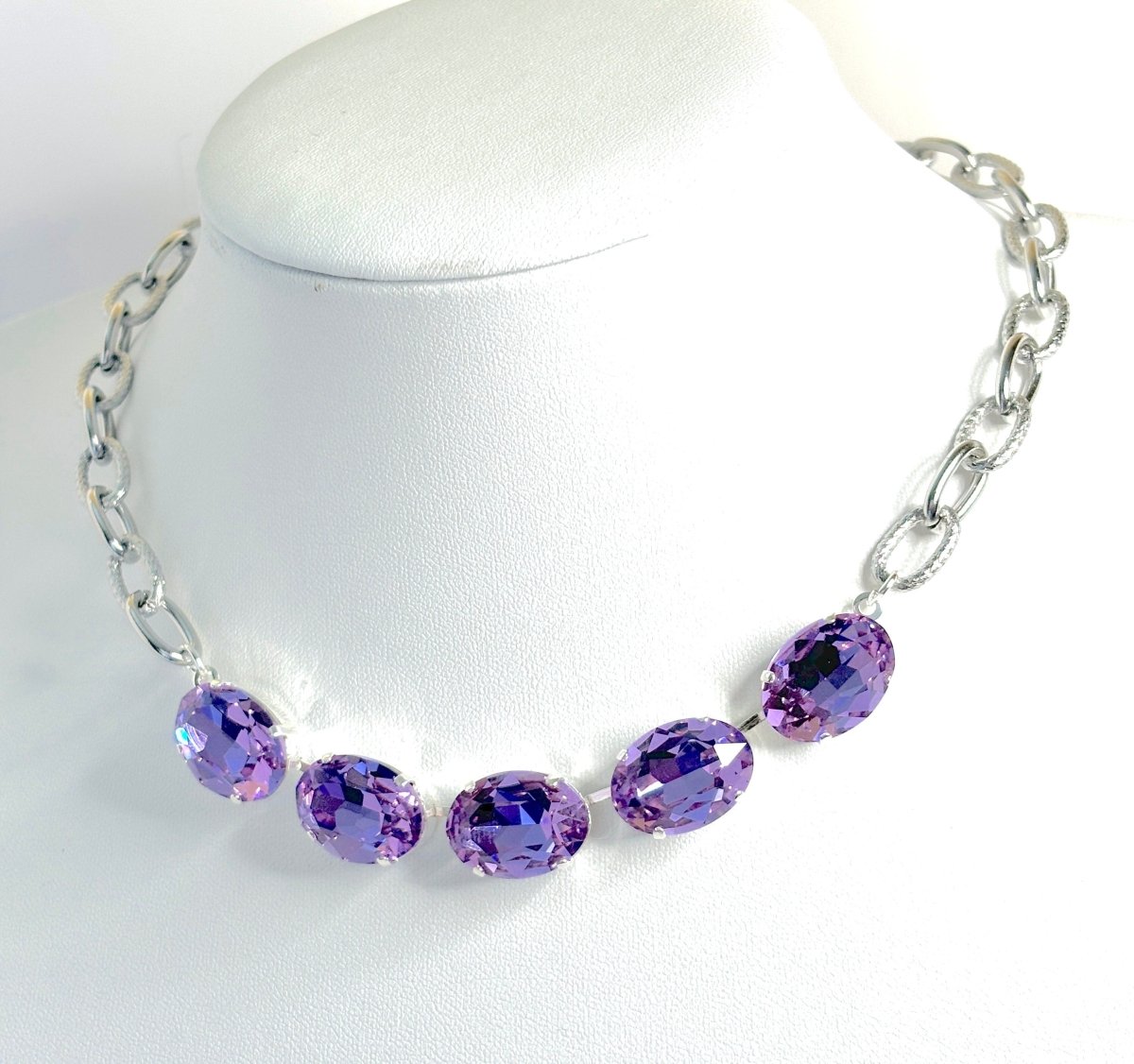 Chunky Sapphire Violet Crystal Chain Necklaces | Gold Silver Stainless Steel Chokers
