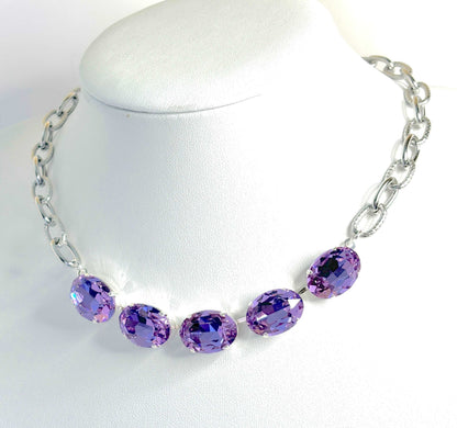 Chunky Violet Crystal Chain Necklace, Silver Stainless Steel Choker, Statement Jewellery, Purple Silver Choker, Necklaces for Women