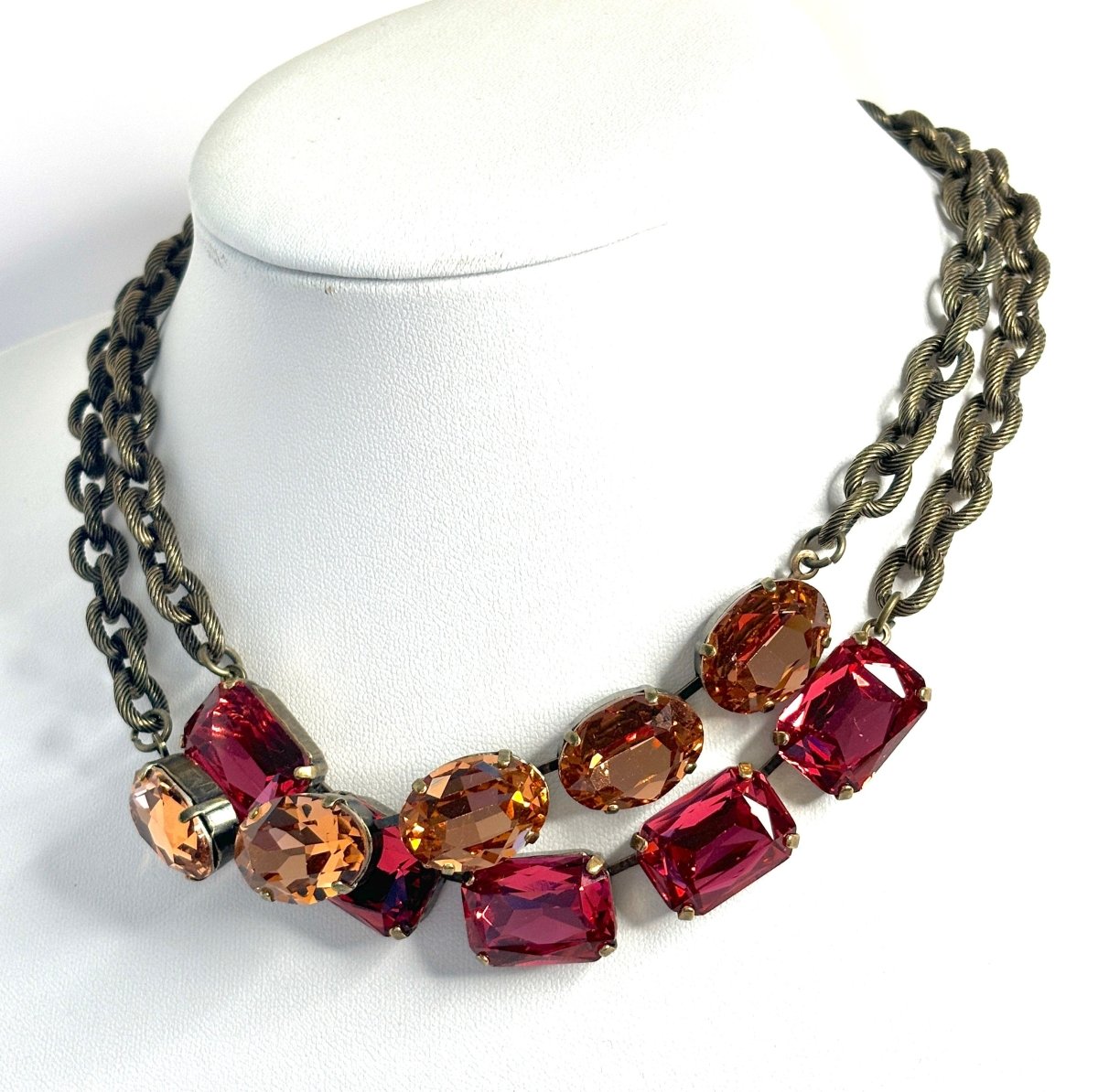 Chunky Red Siam and Rose Peach Crystal Chain Necklaces | Antique Brass 