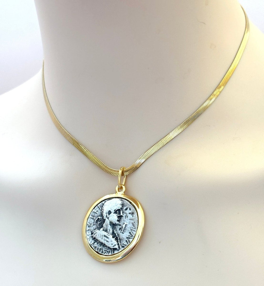 Stylish Snake Chain Coin Necklace | Statement Medallion Chain Jewellery | Greek Caesar Coin Choker