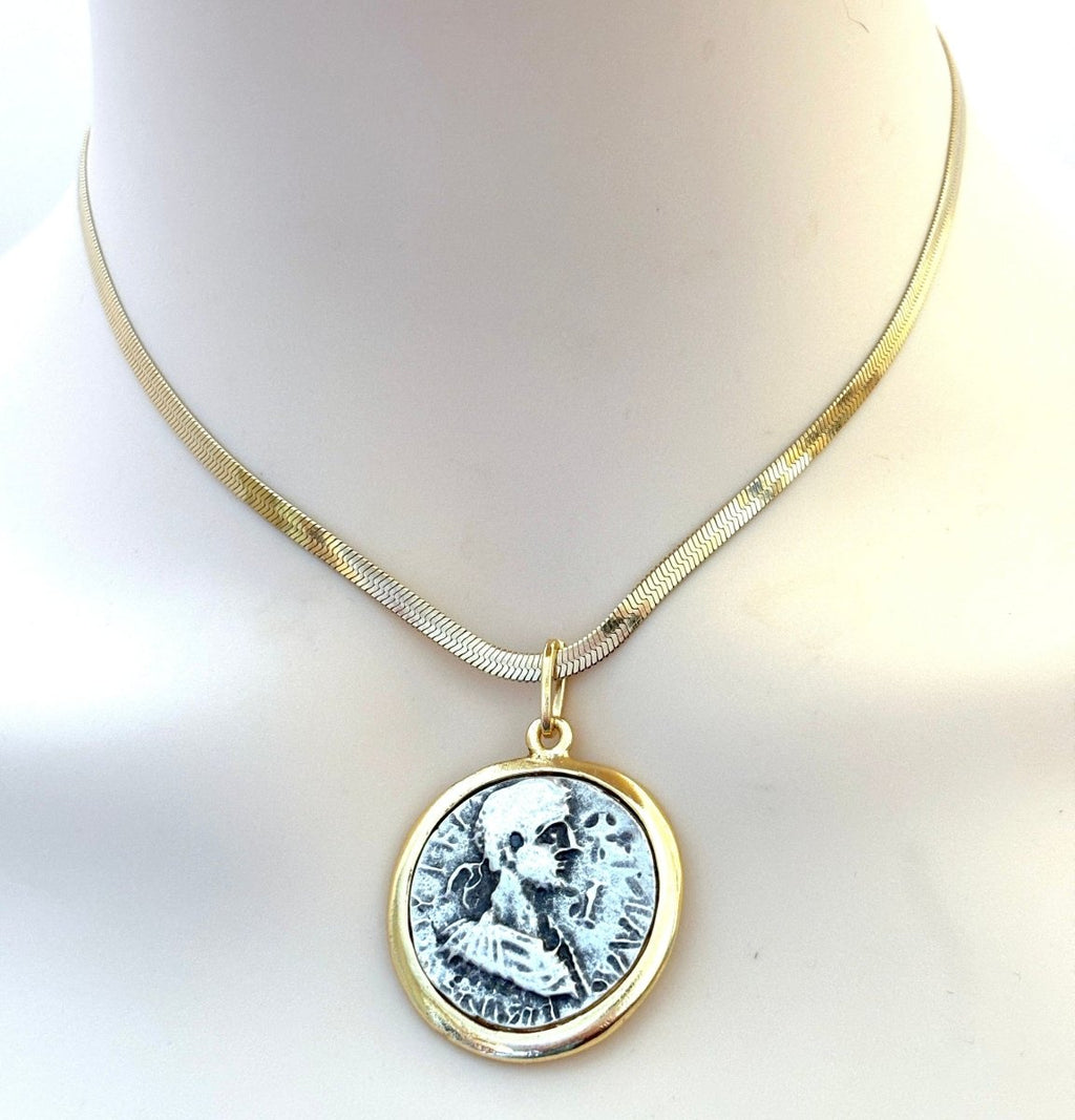 Stylish Snake Chain Coin Necklace | Statement Medallion Chain Jewellery | Greek Caesar Coin Choker