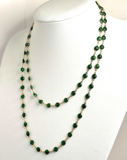 Extra Long Emerald Colour Glittery Bead Chain Necklace, Gold Tone, No Clasp, 40 Inches, Statement Chain Jewellery, Necklaces for Women