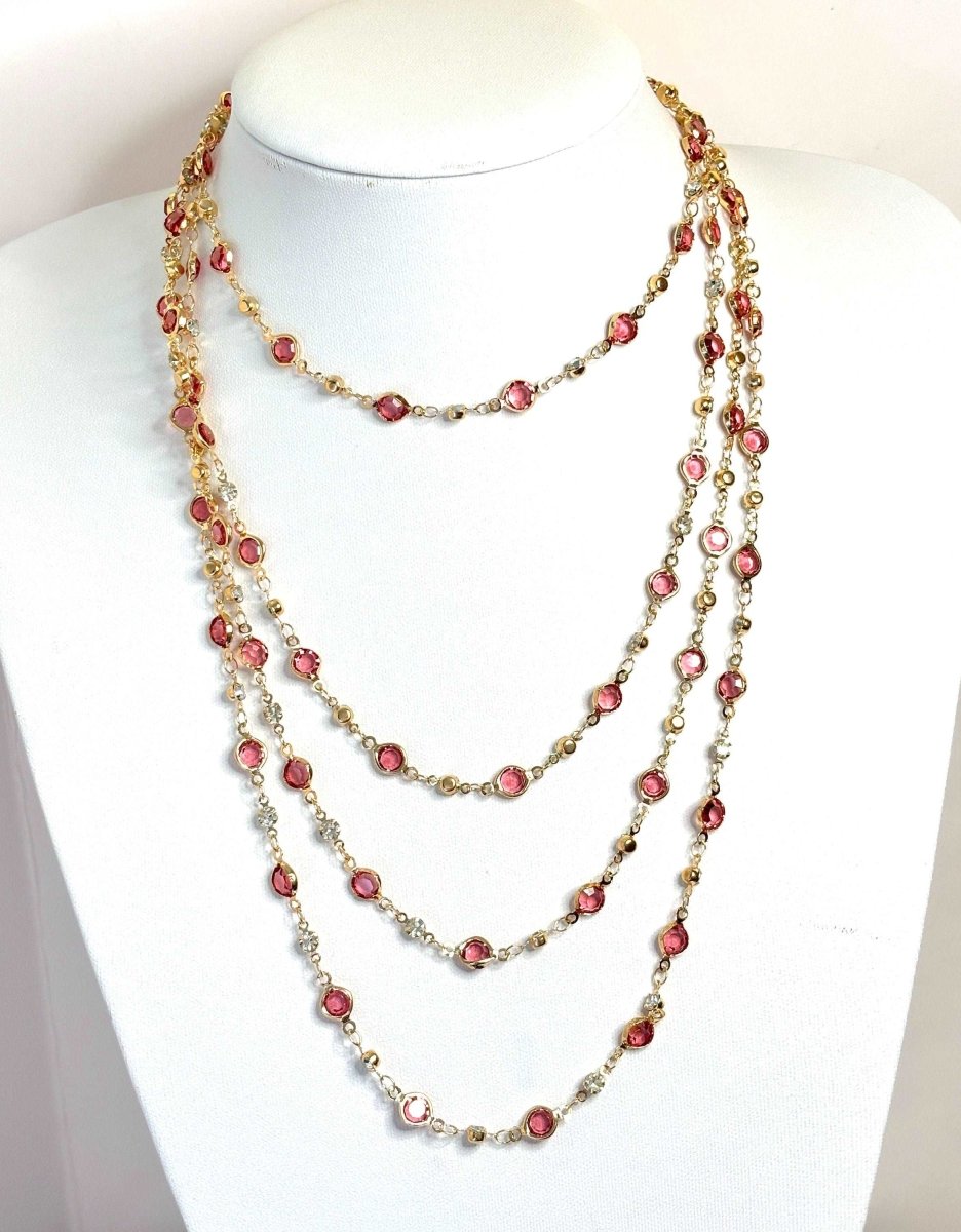 Extra Long Pink Crystal Chain Necklace | Gold Tone | No Clasp | Statement Chain