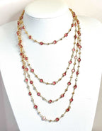 Extra Long Pink Crystal Chain Necklace | Gold Tone | No Clasp | Statement Chain
