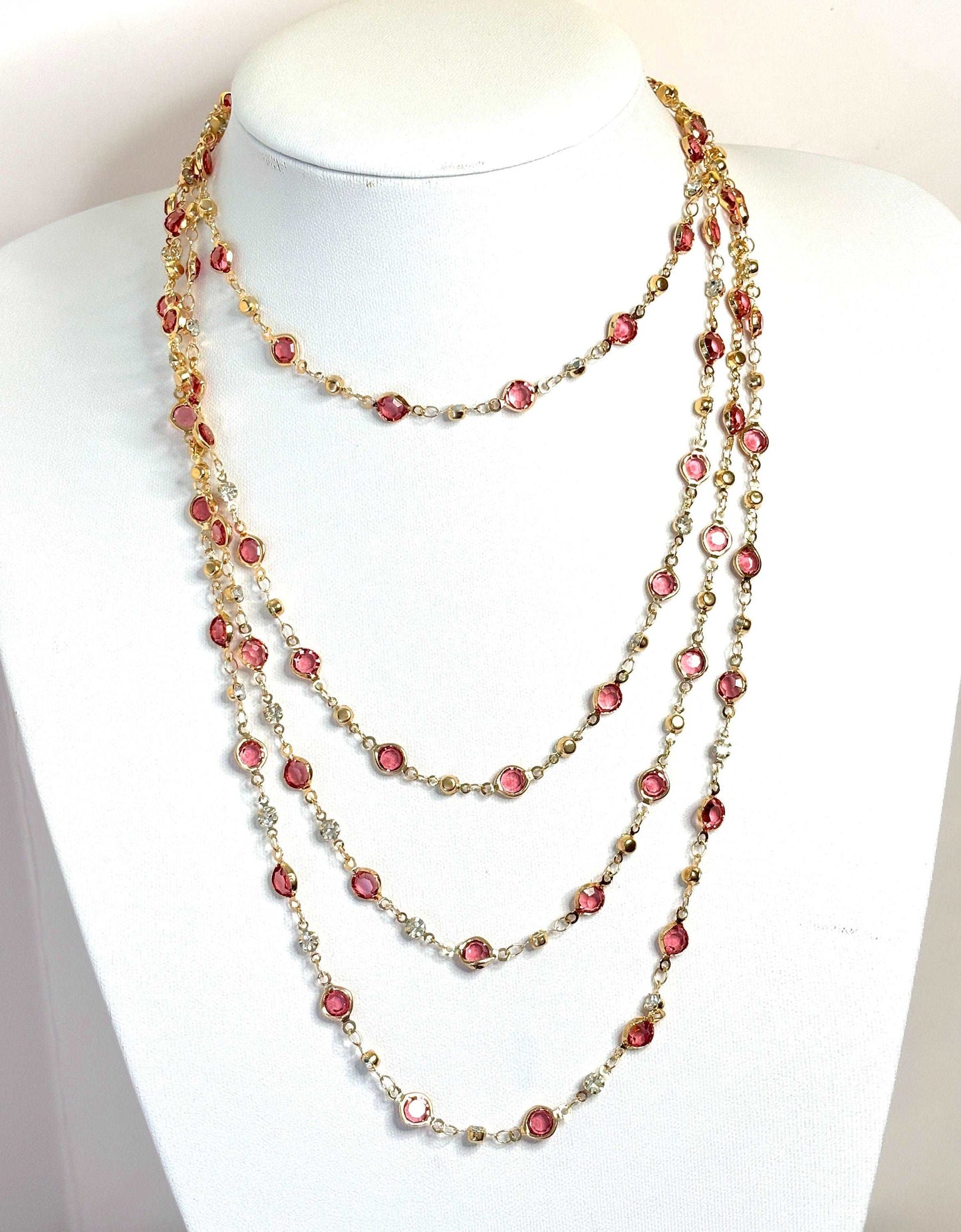 Extra Long Red Crystal Chain Necklace, Gold Tone, No Clasp, 79 Inches Length, Statement Chain Jewellery, Necklaces for Women