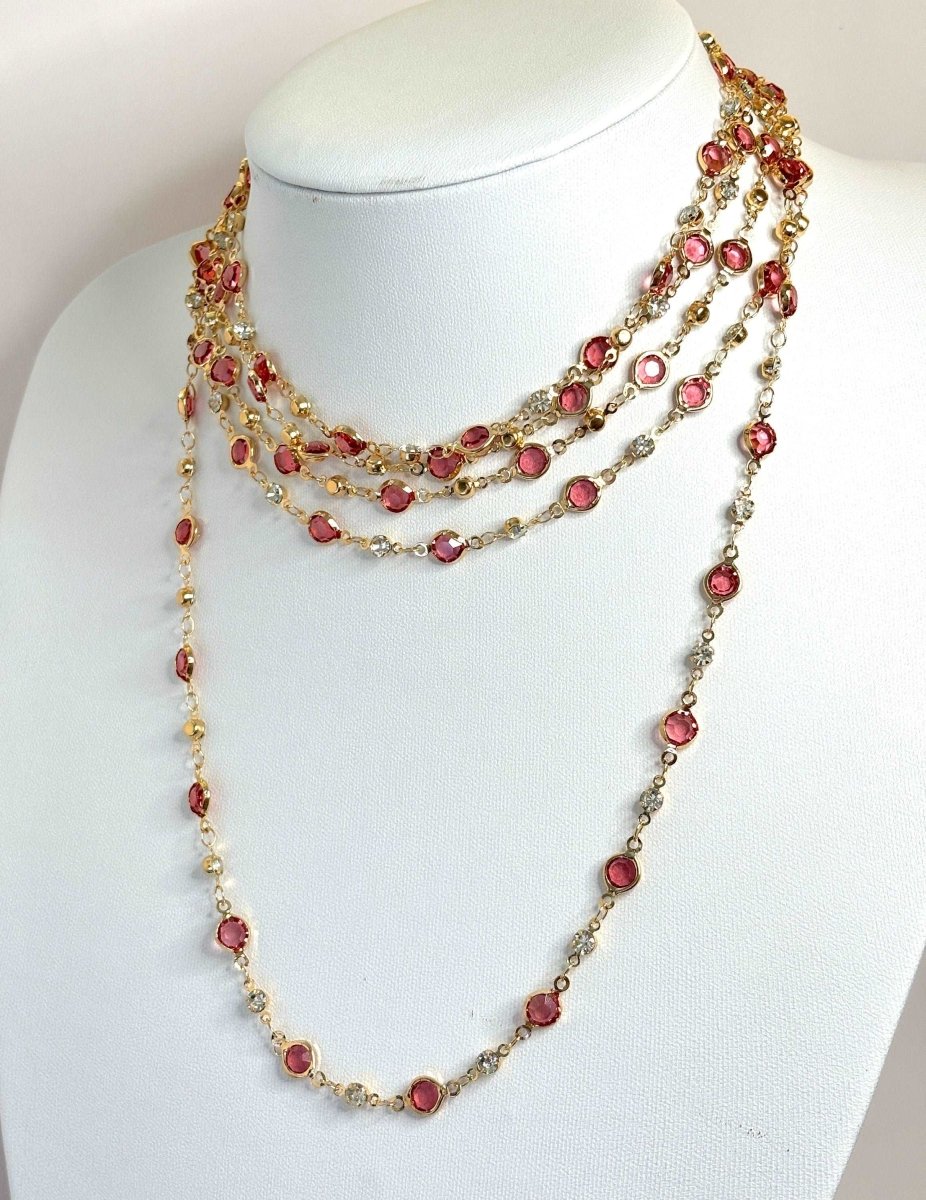Extra Long Pink Crystal Chain Necklace | Gold Tone | No Clasp | Statement Chain