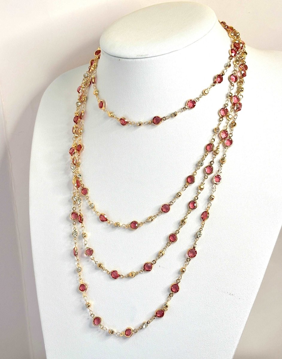 Extra Long Pink Crystal Chain Necklace | Gold Tone | No Clasp | Statement Chain